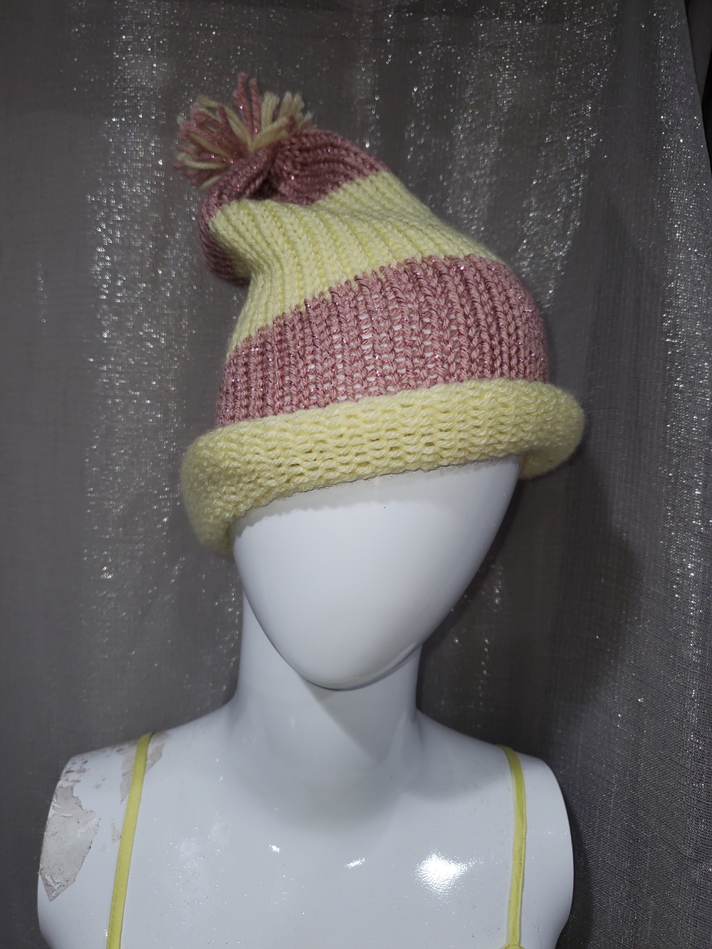 Handknitted Striped Knit Pom Beanie - Yellow & Pink